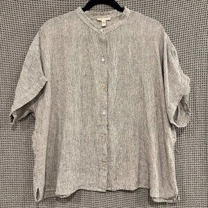EILEEN FISHER Washed 100% Organic Linen Delave Band Collar Short-Sleeve Shirt